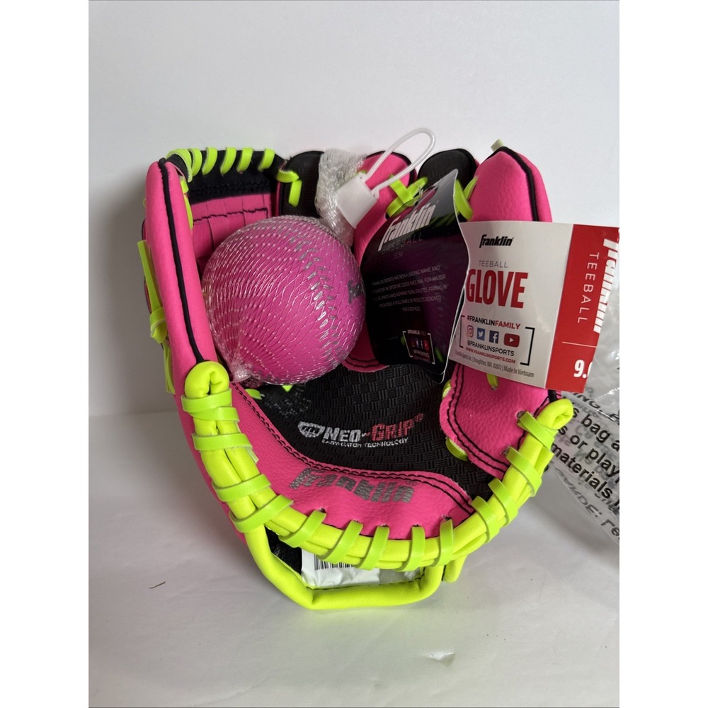 FRANKLIN Sports Youth Tee Ball Glove Right Handed Includes Ball 9" Pink/Green